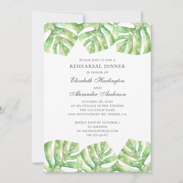 Exotic green leaves. Tropical rehearsal dinner Invitation (Front)