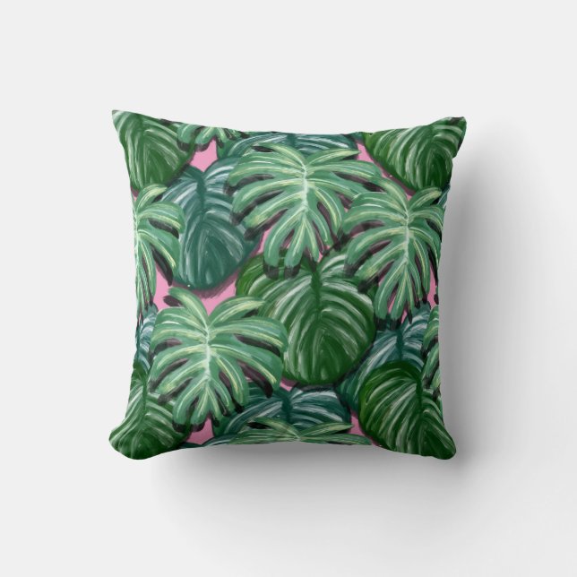 Exotic Green Tropical Leaves Pattern Cushion (Front)