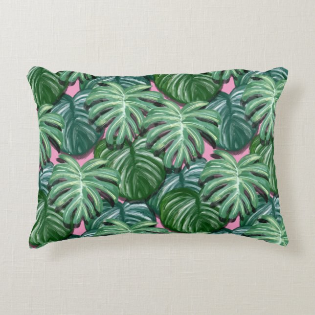 Exotic Green Tropical Leaves Pattern Decorative Cushion (Front)