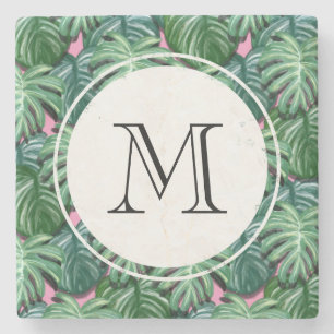 Exotic Green Tropical Leaves Pattern Monogram Stone Coaster