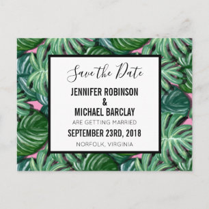 Exotic Green Tropical Leaves Pattern Save the Date Announcement Postcard