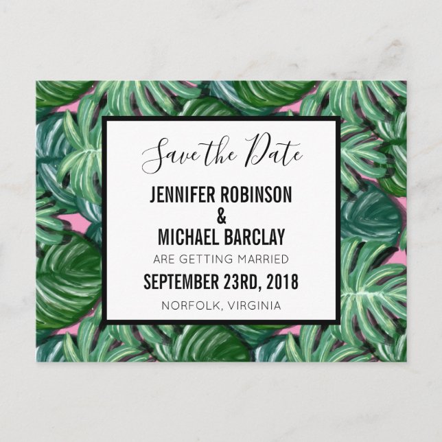 Exotic Green Tropical Leaves Pattern Save the Date Announcement Postcard (Front)