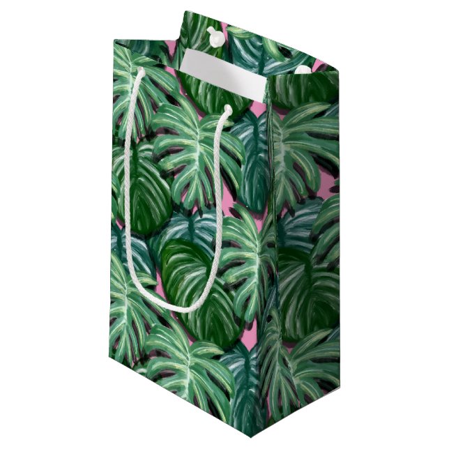 Exotic Green Tropical Leaves Pattern Small Gift Bag (Front Angled)