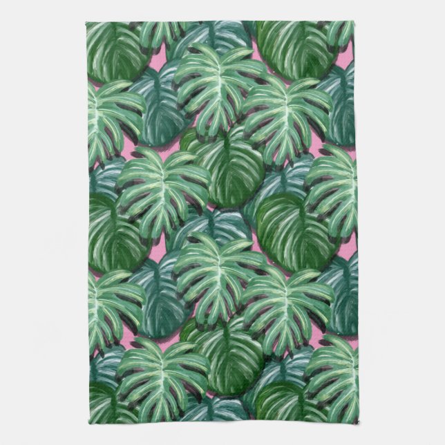 Exotic Green Tropical Leaves Pattern Tea Towel (Vertical)