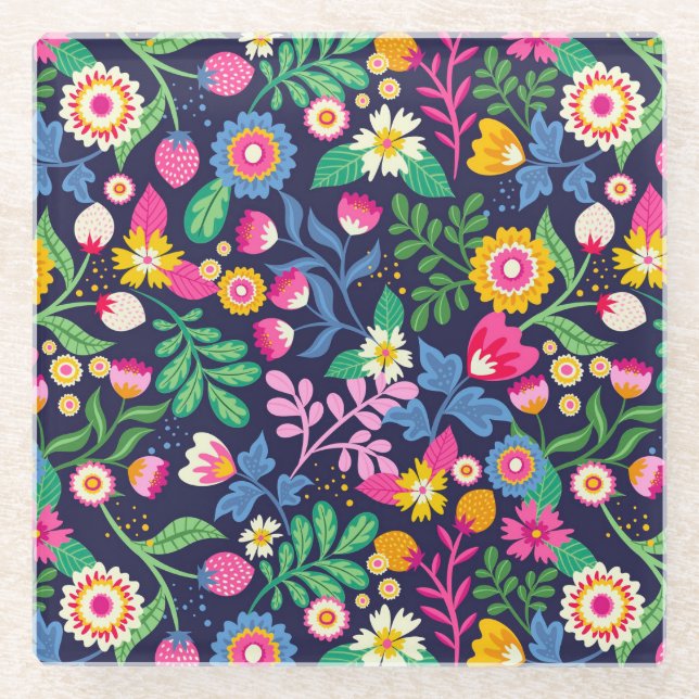 Exotic Hand Painted Floral Pattern Glass Coaster (Front)