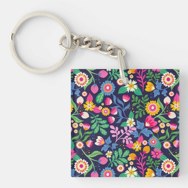 Exotic Hand Painted Floral Pattern Key Ring (Front)
