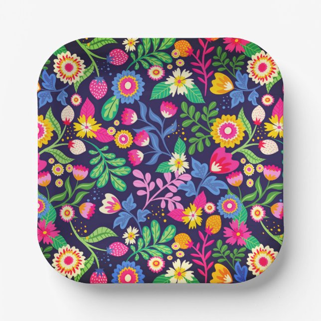 Exotic Hand Painted Floral Pattern Paper Plate (Front)