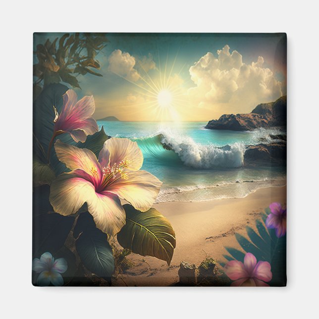 Exotic Hawaiian Flowers, Ocean and Beach Magnet (Front)