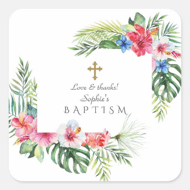 Exotic Hawaiian Tropical Floral Frame Baptism Square Sticker (Front)