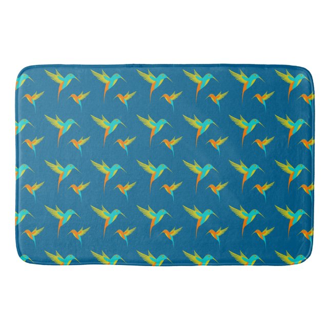 Exotic Hummingbirds Pattern Blue  Bath Mat (Front)