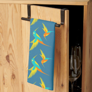 Exotic Hummingbirds Pattern Blue  Tea Towel