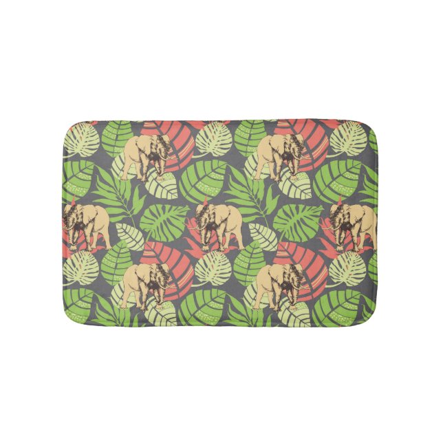 Exotic Jungle Leaves And Elephants Bath Mat (Front)