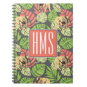 Exotic Jungle Leaves And Elephants Monogram Spiral Notebook