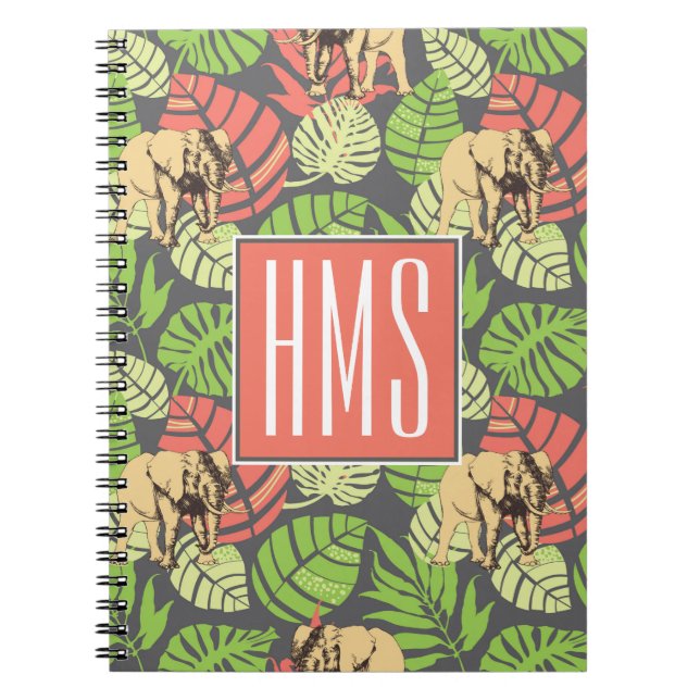 Exotic Jungle Leaves And Elephants | Monogram Spiral Notebook (Front)