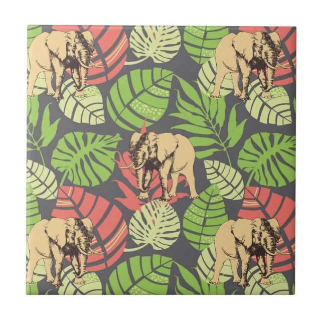 Exotic Jungle Leaves And Elephants Tile (Front)