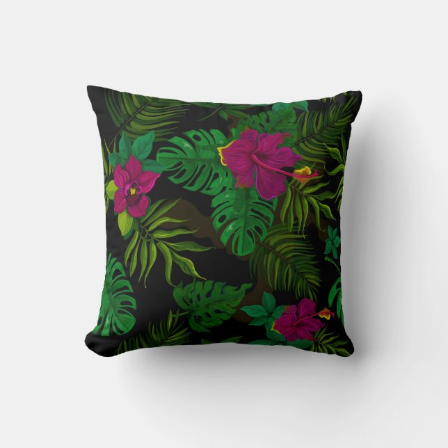 Exotic jungle night orchids pattern cushion (Front)