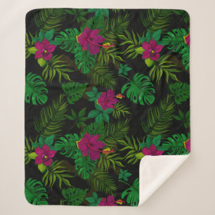 Exotic jungle night orchids pattern sherpa blanket