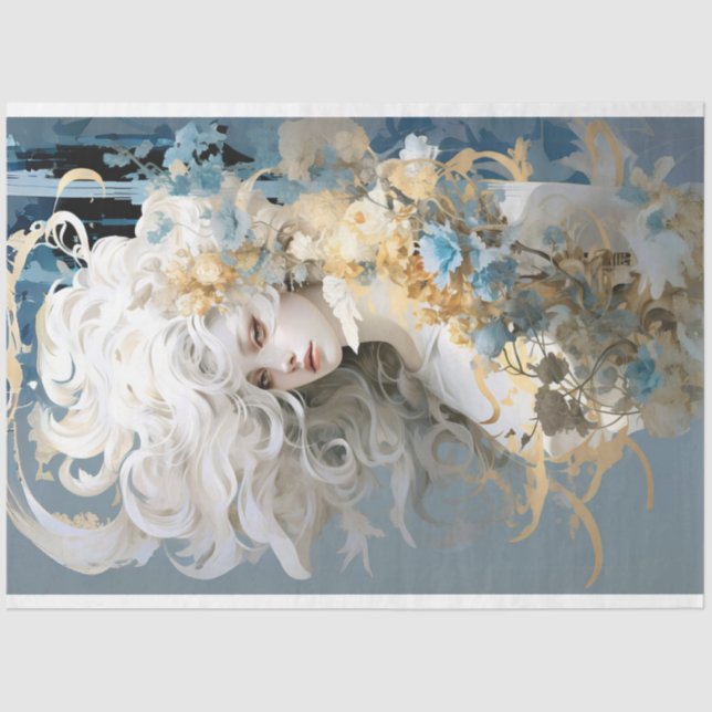 Exotic lady with flowing white hair decoupage tissue paper (Front)