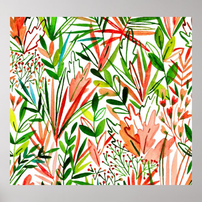 Exotic leaves, flowers, watercolor rainforest patt poster (Front)