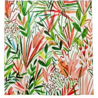 Exotic leaves, flowers, watercolor rainforest patt shower curtain