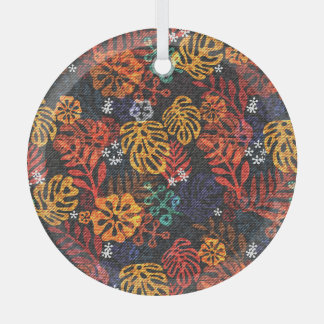 Exotic leaves on denim, seamless print. glass tree decoration