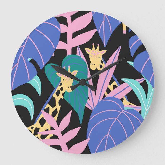 Exotic Leaves: Seamless Giraffe Pattern Large Clock (Front)