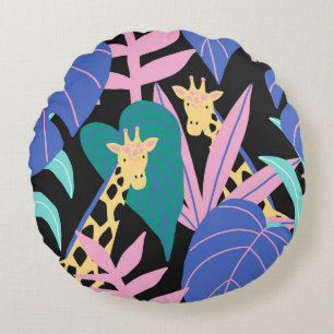 Exotic Leaves: Seamless Giraffe Pattern Round Cushion
