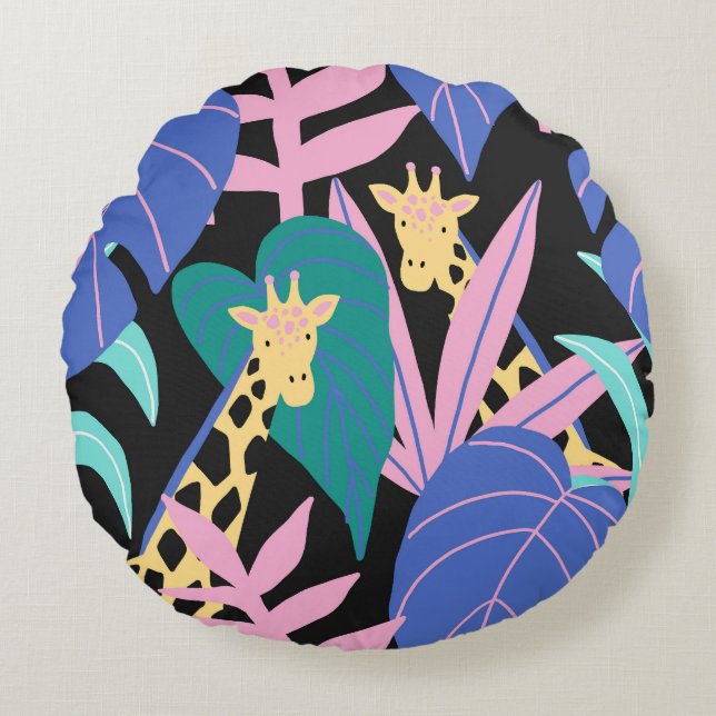 Exotic Leaves: Seamless Giraffe Pattern Round Cushion (Front)