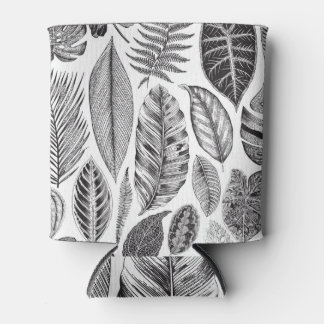 Exotic leaves, vintage floral black and white. can cooler