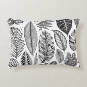 Exotic leaves, vintage floral black and white. decorative cushion