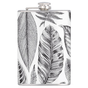 Exotic leaves, vintage floral black and white. hip flask