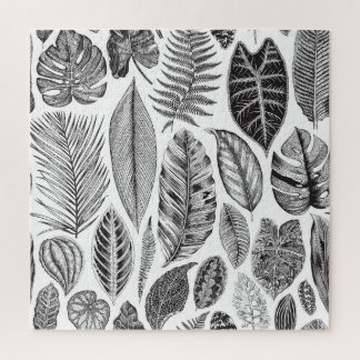 Exotic leaves, vintage floral black and white. jigsaw puzzle