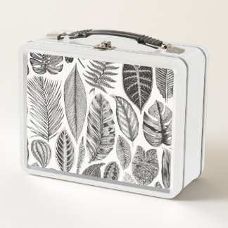 Exotic leaves, vintage floral black and white. metal lunch box