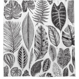 Exotic leaves, vintage floral black and white. shower curtain