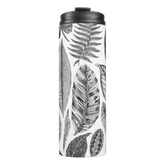 Exotic leaves, vintage floral black and white. thermal tumbler