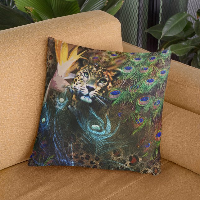 Exotic Leopard Peacock Feathers Floral Cushion (Creator Uploaded)