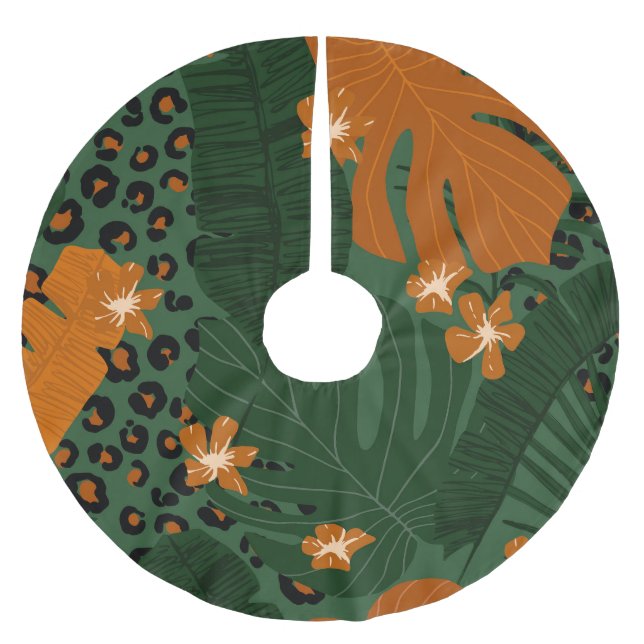 Exotic Leopard Tropical Leaves Pattern Brushed Polyester Tree Skirt (Front)