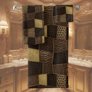 Exotic Luxury Gold + Brown Animal Print Bath Towel Set