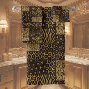 Exotic Luxury Gold + Brown Animal Print Bath Towel Set