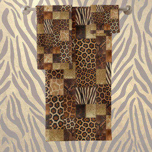 Exotic Luxury Gold + Brown Animal Print Bath Towel Set