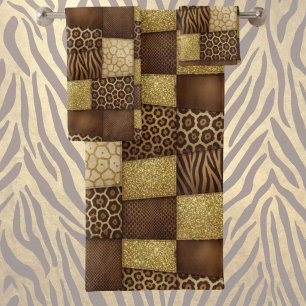 Exotic Luxury Gold + Brown Animal Print Bath Towel Set