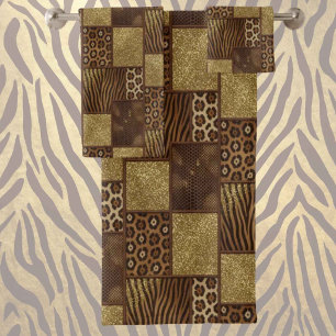 Exotic Luxury Gold + Brown Animal Print Bath Towel Set