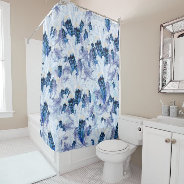 Exotic Mix Blue Bird feather Print Shower Curtain (In Situ)
