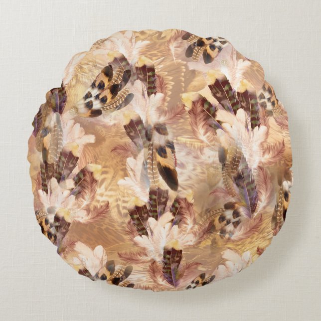 Exotic Mix Brown Tones Bird feather Print Round Cushion (Front)