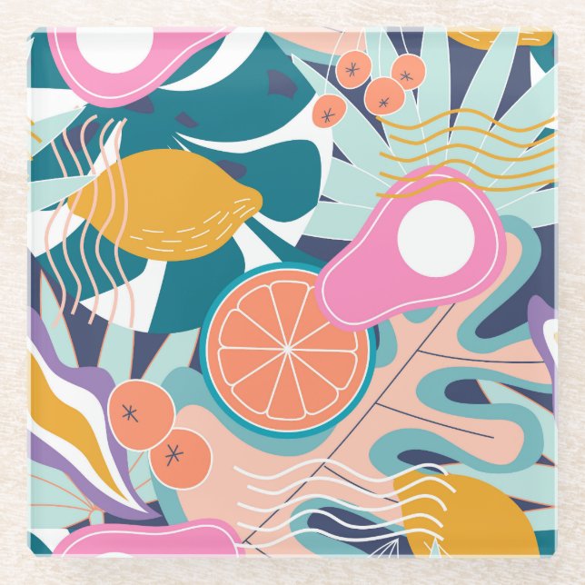 Exotic, modern jungle collage. glass coaster (Front)