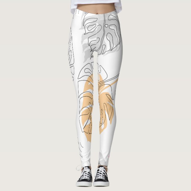 Exotic Monstera Line Drawing Art Leggings (Front)