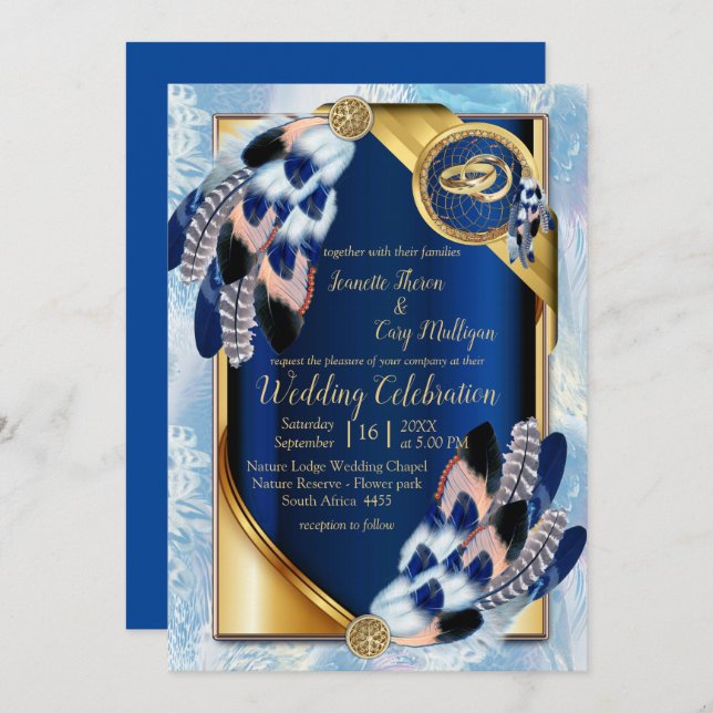 Exotic-Parrot Blue tone feather Wedding Invitation (Front/Back)