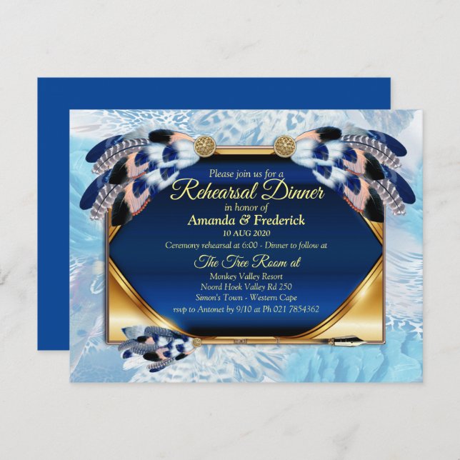 Exotic-Parrot Blue tone feathers Rehearsal dinner Invitation (Front/Back)