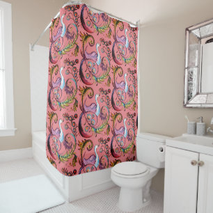 Exotic Peacock Coral Turquoise Scroll Chinoiserie Shower Curtain