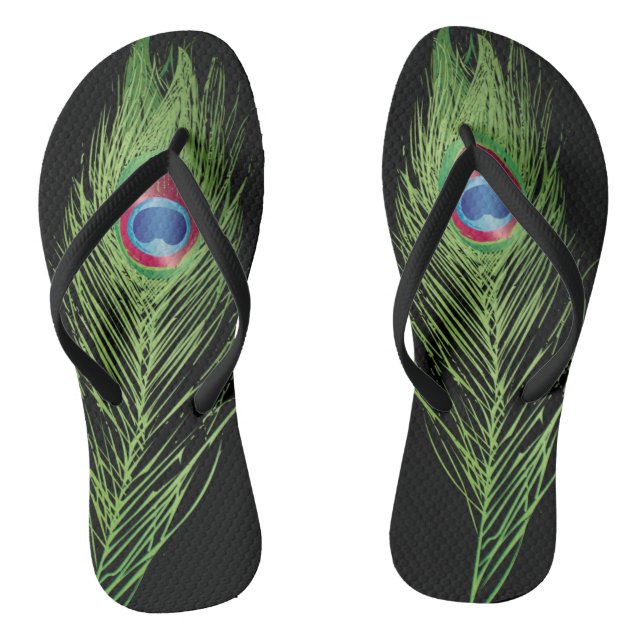 Exotic Peacock Feather on Black  Jandals (Footbed)